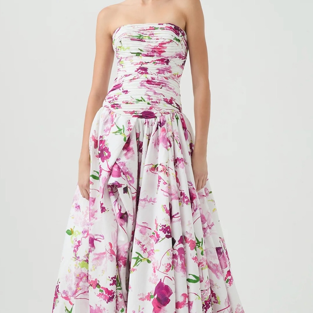 Aje Strapless Floral Ball Gown in White and Pink